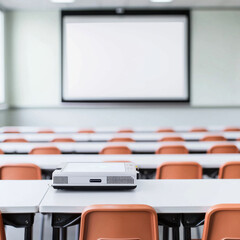 Projector in empty classroom with orange chairs and white screen isolated design on white background