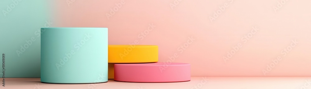 Poster a serene arrangement of colorful cylindrical objects on a soft pastel background, creating a modern 