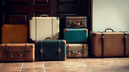 Vintage suitcases stacked near a wooden door, ready for a journey.  A collection of travel bags in various colors and styles.