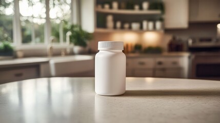 The countertop's simplicity is complemented by the presence of a white supplement bottle.