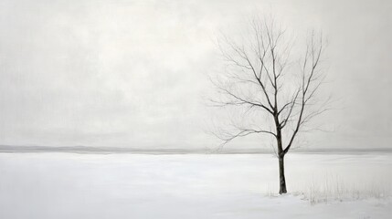 Fototapeta premium 39.A minimalist photograph of a single tree in a snow-covered field, with its branches dusted lightly with snow. The landscape is blanketed in white, stretching out to the horizon with a pale, cloudy