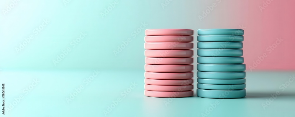Poster two stacks of pastel-colored circular objects, one pink and one blue, are arranged neatly against a 