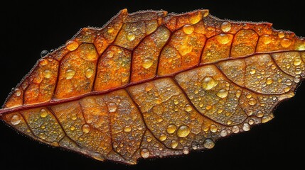 Autumn leaf, dew drops, macro, dark background, nature photography