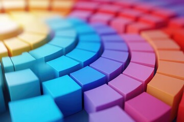 A vibrant circular pattern of colorful cubes creates a visually appealing gradient effect, showcasing a spectrum of hues from blue to red.