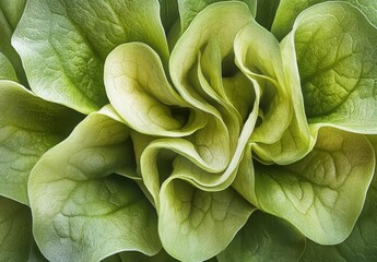 Obraz premium Close-Up View of Fresh, Vibrant Green Lettuce Leaves Displaying Intricate Patterns and Textures Under Natural Light for Nature and Food Photography
