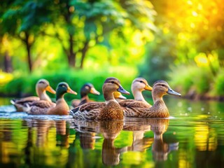 Ducks Swimming Together - Peaceful Pond Scene, Wildlife Photography, Waterfowl, Cute Ducks, Birds, Nature, Animal Photo