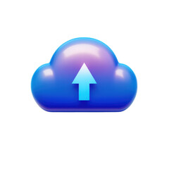3D render of a glossy blue cloud icon with an upward arrow, symbolizing data upload, cloud storage, or online backup. Perfect for technology, software, and website designs.