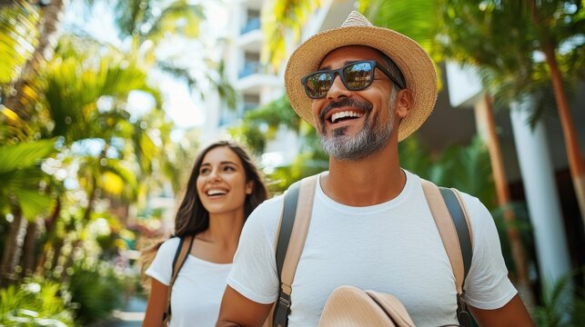 Couple enjoys a peaceful stroll through a lush garden at a boutique hotel