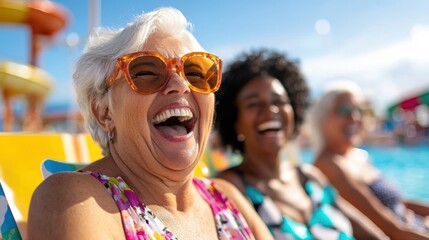 Laughter and friendship shine poolside among senior women at water park