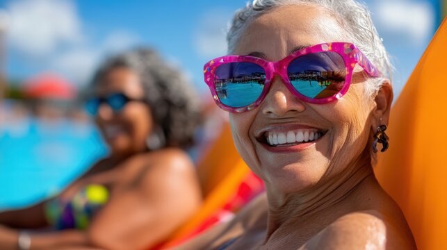 Friends enjoying laughter and sun at a water park poolside retreat