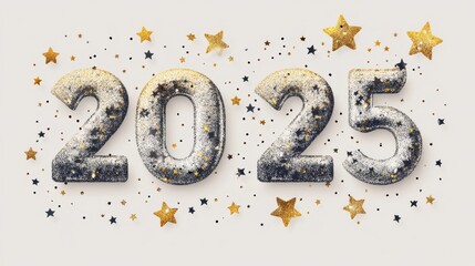 118.A stylish minimalist T-shirt design with a modern sans-serif font reading Goodbye 2024 in silver and Welcome 2025 in gold. Stars and confetti details surround the text for a festive touch.
