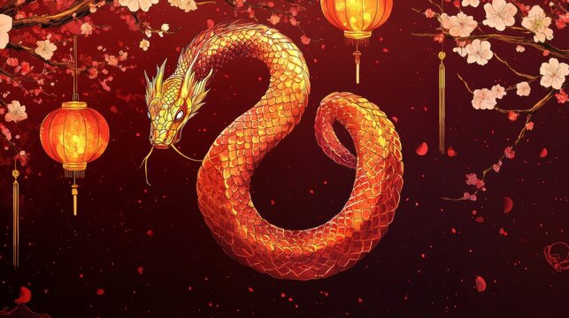 99.A stylized illustration of a snake with shimmering golden scales forming a spiral, with the tail elegantly curling around the year 2025. Delicate blossoms and lanterns decorate the corners of the