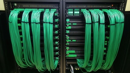 Neatly organized green network cables in a server rack. Illustrates efficient data center cabling and network infrastructure.