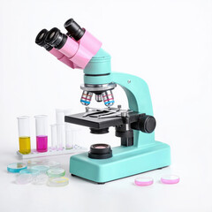 Colorful microscope with glass slides and lab tools isolated design on white background