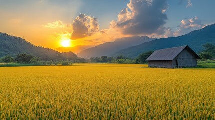 Golden rice field, sunset, mountains, lone barn.