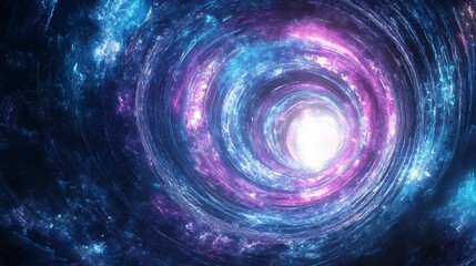 Abstract swirling cosmic vortex with vibrant blue and pink nebula.