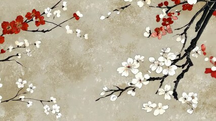 Beautiful cherry blossom branches with red and white flowers against a textured background - Powered by Adobe