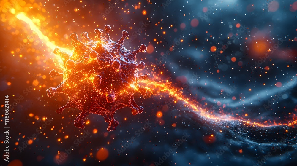 Poster glowing 3d virus particle with intricate spikes against dark background ominous virus concept