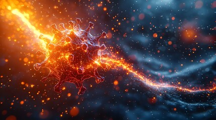 Obraz premium Glowing 3D Virus Particle with Intricate Spikes Against Dark Background Ominous Virus Concept
