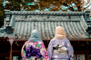 Young muslim asian woman wearing kimono. Japanese traditional clothes, Kimono is a Japanese traditional garment."kimono"