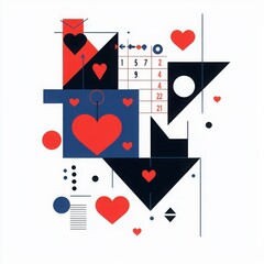 Abstract Geometric Shapes with Hearts in Red and Blue Colors