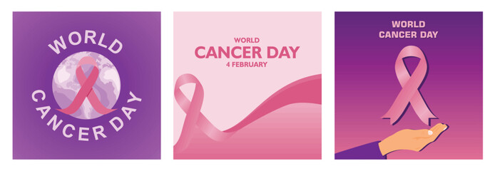 Obraz premium World Cancer Day awareness pink ribbon design set.