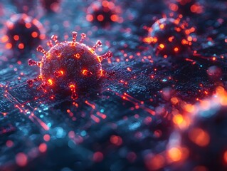 Cyber Virus Spreading Across a Digital Network Matrix with Glowing Red Lines