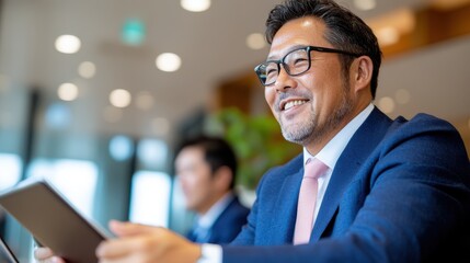 Business professionals engaged in collaborative meeting using digital tools