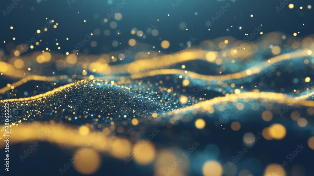 Poster golden waves flow gracefully with shimmering particles, evoking a sense of tranquility and elegance 