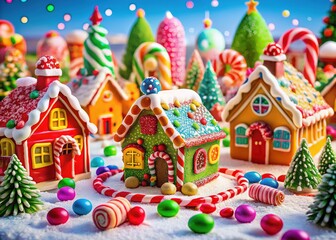 Colorful Candy Cane Gingerbread Village, Festive Holiday Scene