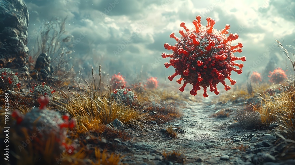 Aufkleber floating viral particle symbolizing isolation and unseen threat in desolate environment