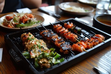 Naklejka premium Grilled Seafood and Vegetable Skewers Served on Hot Plate