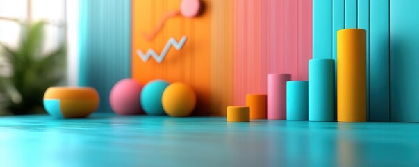 A colorful and modern visualization featuring geometric shapes and bar graphs against a vibrant background, suggesting data analysis and growth.