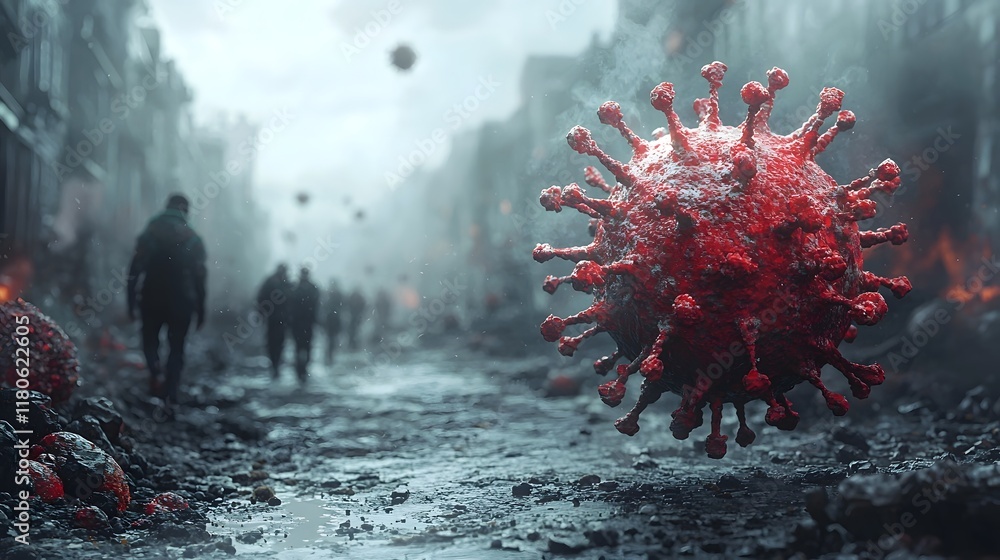 Aufkleber floating virus particle in desolate urban landscape symbolizing invisible threat and isolation