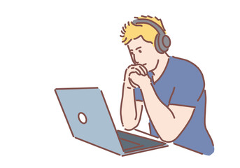 A handsome businessman working on his laptop at a desk in a modern office. Hand drawn style vector design illustrations.