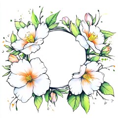 Obraz premium Elegant Hand-Drawn Floral Wreath Illustration: Delicate White Flowers Frame a Blank Circle. AI Generated