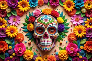 Fototapeta premium Colorful Sugar Skull with Flowers - Day of the Dead Celebration