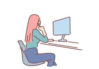 Smiling businesswoman working on laptop, sitting comfortably on the floor in a modern office. Hand drawn style vector design illustrations.