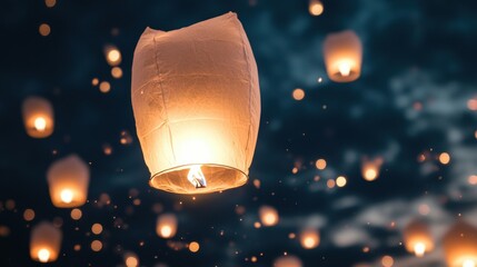 Gatherings of people release glowing lanterns into the night sky, creating a magical atmosphere perfect for celebrations