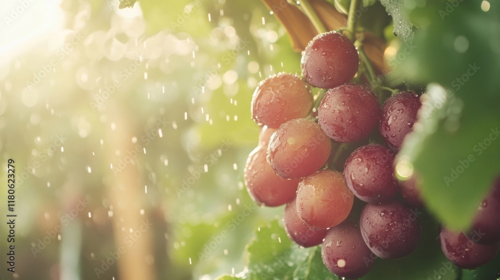 Poster Juicy grapes adorned with water droplets soak up golden sunlight in a vibrant garden during a clear day