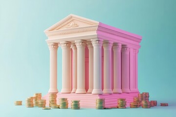 Fototapeta premium A stylized building resembling a temple, adorned with columns and surrounded by stacks of coins, set against a vibrant background.