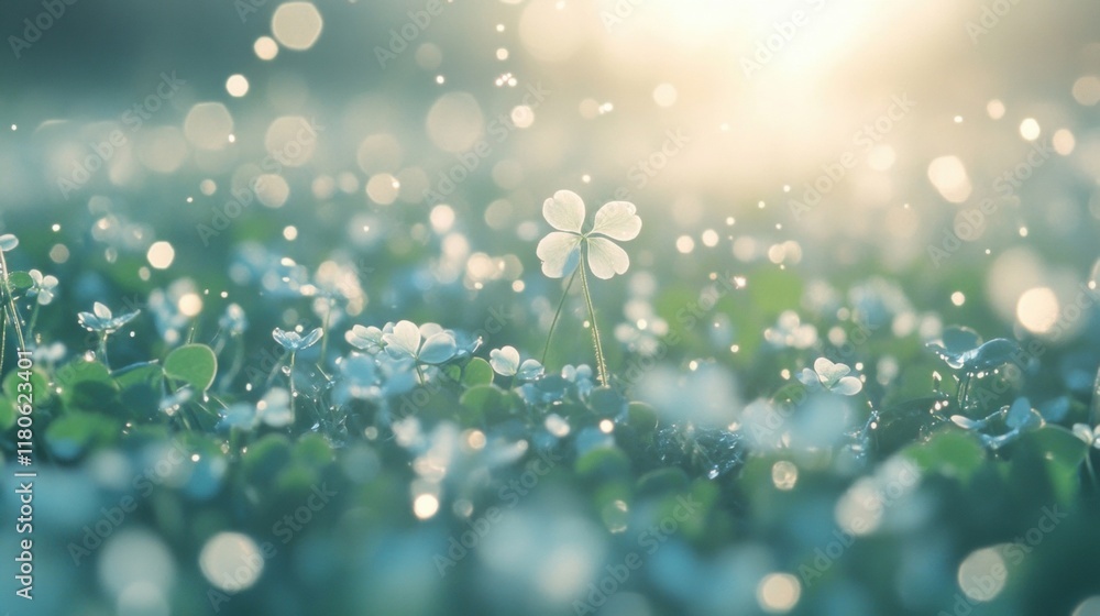 Poster sunlight filters through a lush clover field, creating a soft bokeh background that enhances the tra