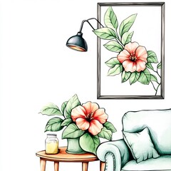 Charming Watercolor Illustration: Relaxing Living Room Scene with Vibrant Hibiscus Flowers. AI Generated