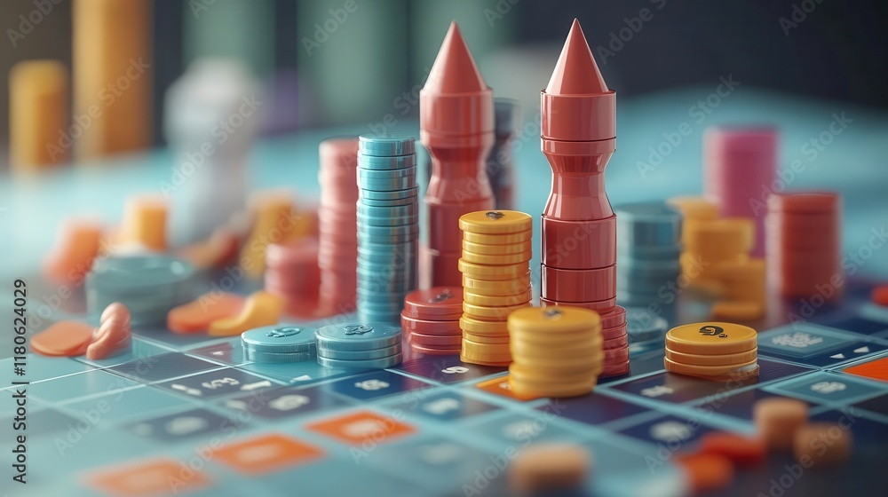 Poster a vibrant game board features colorful tokens and stacked coins, symbolizing strategy and finance in