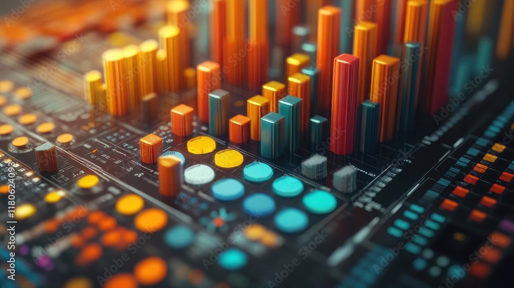 Poster a vibrant digital landscape featuring colorful bar graphs and circular data points, representing dat