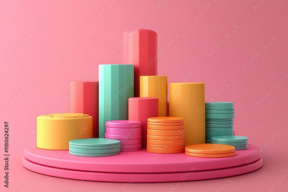 Poster a colorful arrangement of cylindrical shapes in various sizes on a pink background, creating a playf