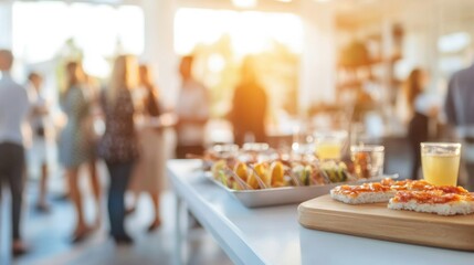 Professionals engage in conversation while enjoying food and drinks at a vibrant corporate networking event during evening hours