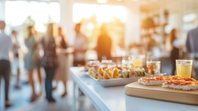 Professionals engage in conversation while enjoying food and drinks at a vibrant corporate networking event during evening hours