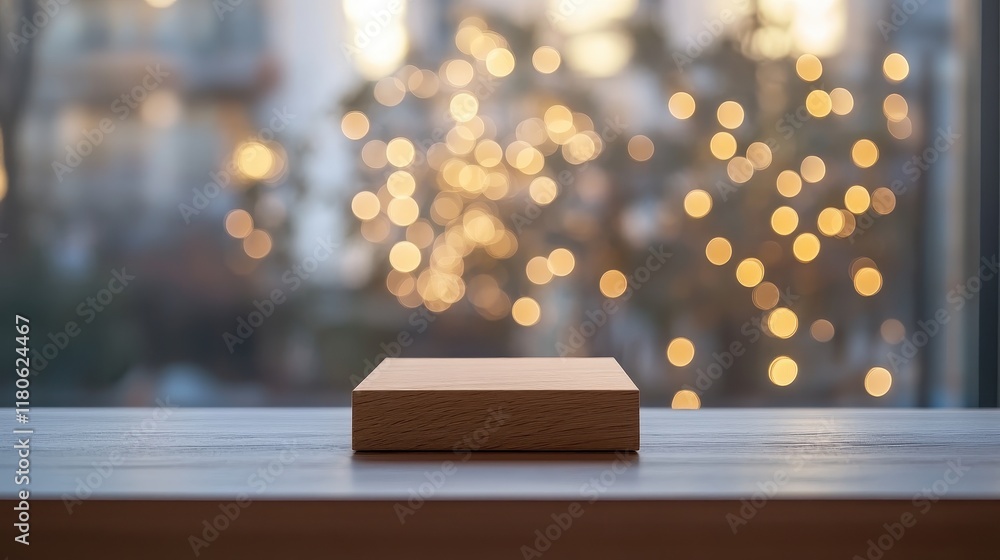 Poster wooden block on table against bokeh lights. perfect for product displays or mockups, showcasing item