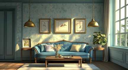 Elegant living room with blue sofa, antique frames, and floral wallpaper.